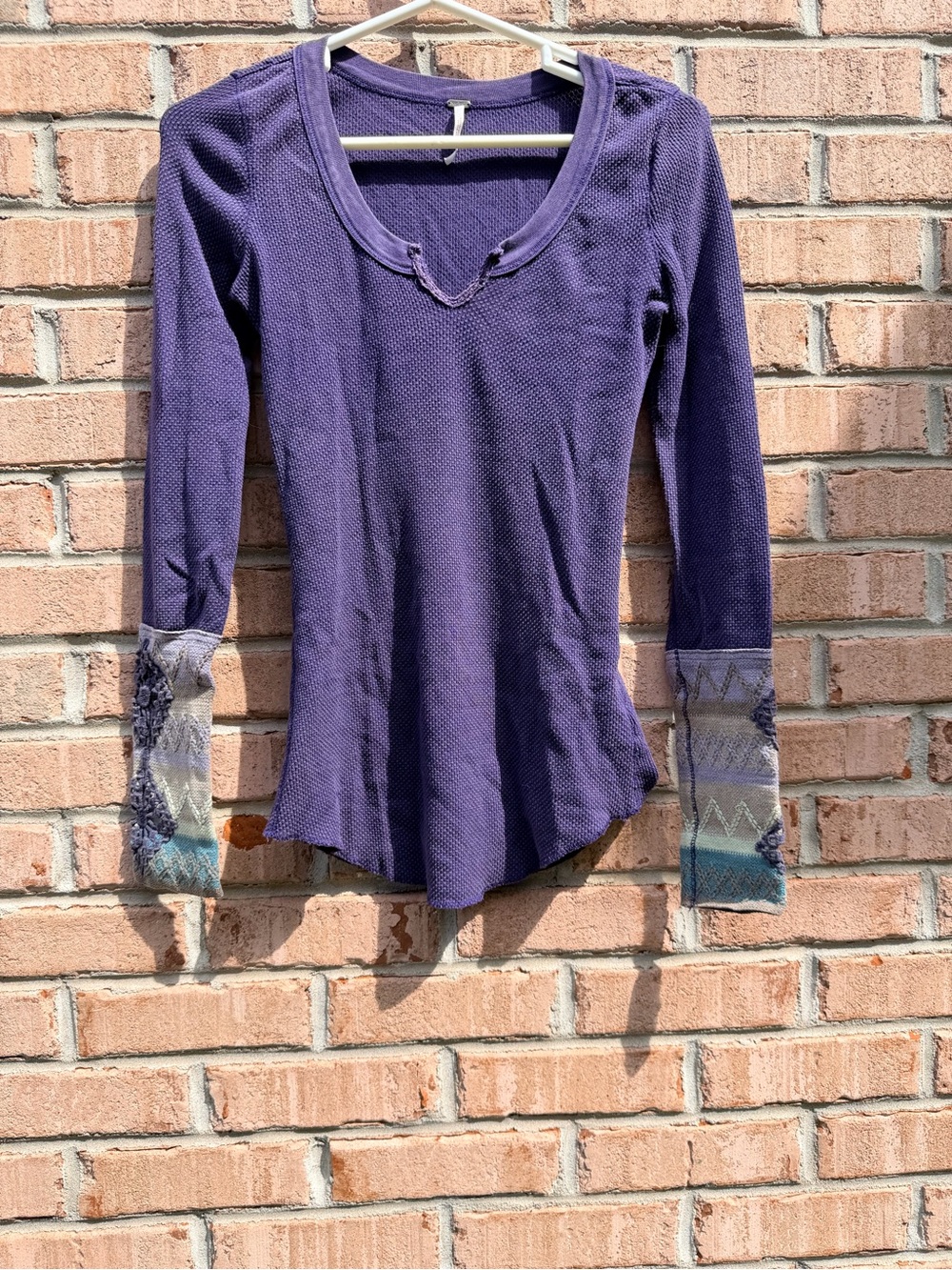 Free People Purple Long-Sleeve Thermal Top with Patterned Cuffs